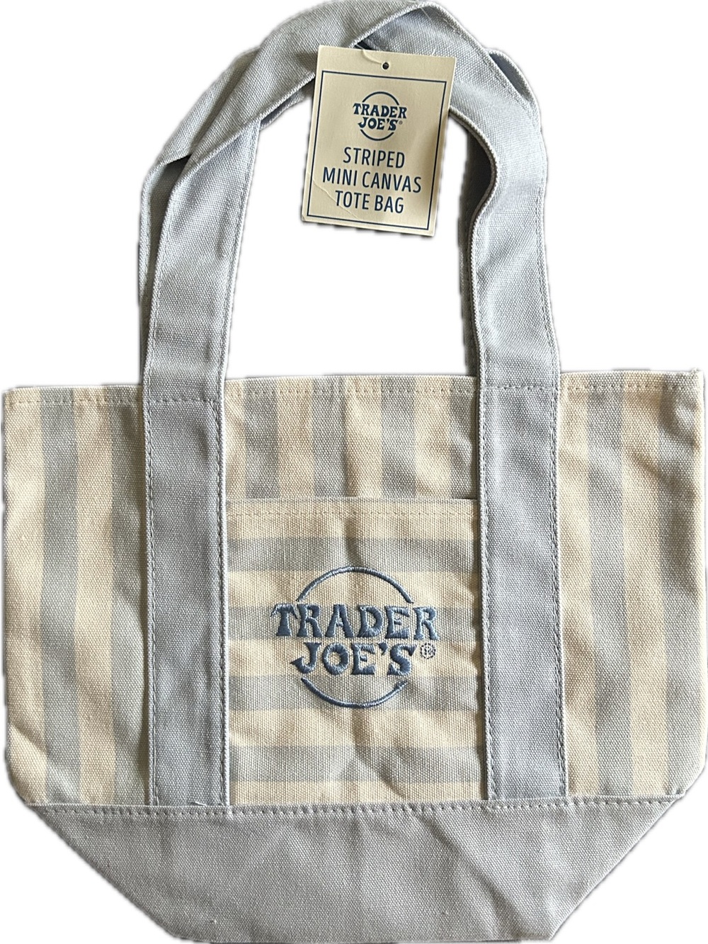 Trader Joe's Cream & Light Blue Striped Mini Canvas Tote Bag